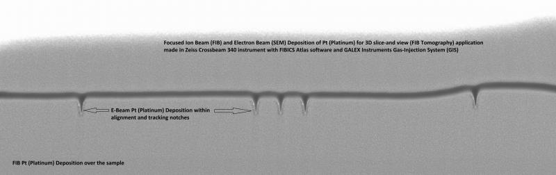 Platinum electron SEM ion FIB beam deposition Zeiss Crossbeam Atlas GLAEX slice